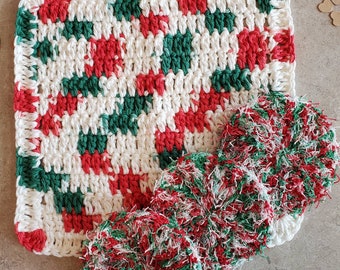 Crochet Cotton Dish Cloth, Dish Rag, Wash Cloth, Green, Red and White and a Set of 3 Dish Scrubbies in Jolly Christmas, Eco-friendly