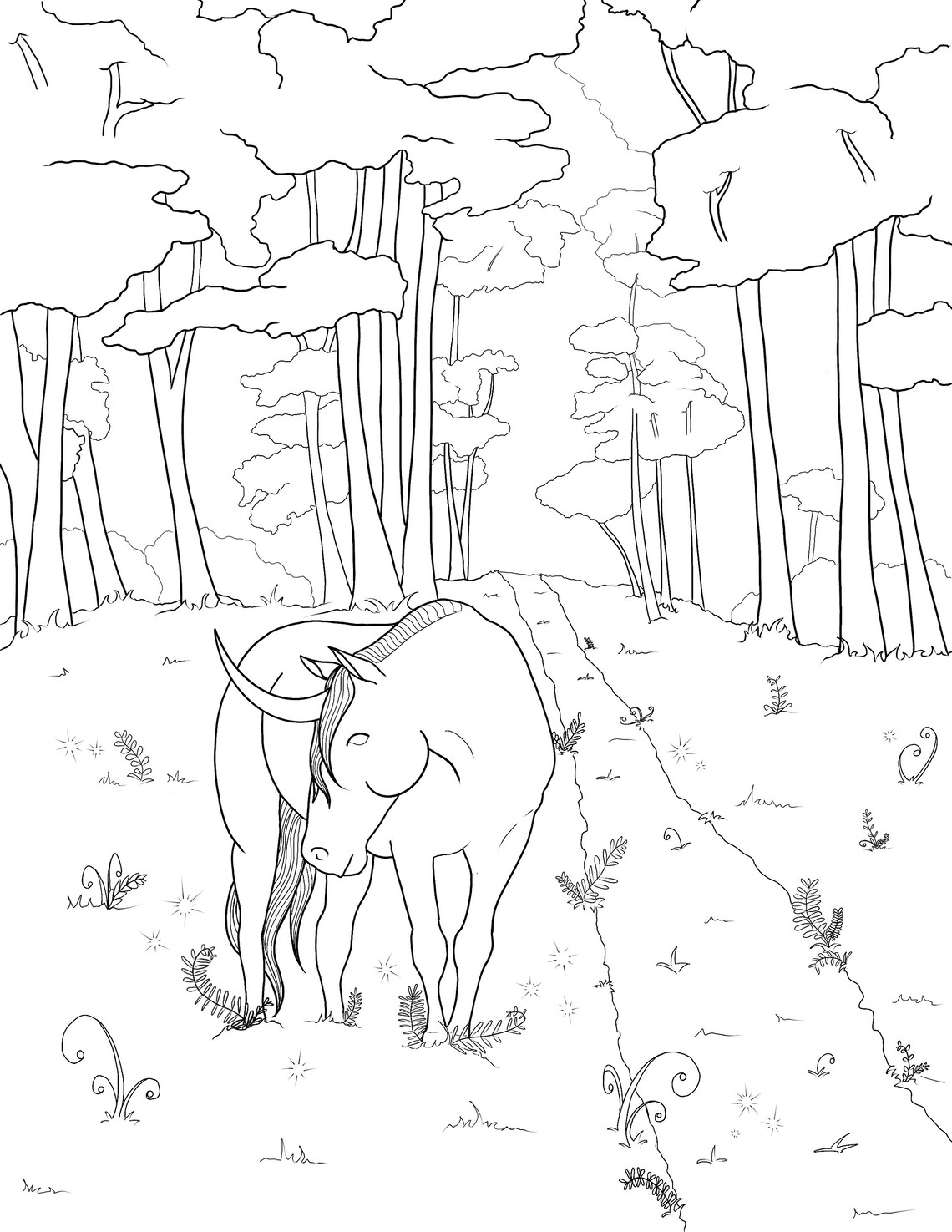Unicorn Enchanted Forest Coloring Page Print Adult Coloring | Etsy