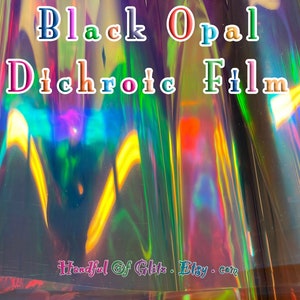 Holographic, iridescent foil set, pictured  in various angles, showing iridescence, sheen  and colour for Black Opal mylar. Individual sheet or set of 3.