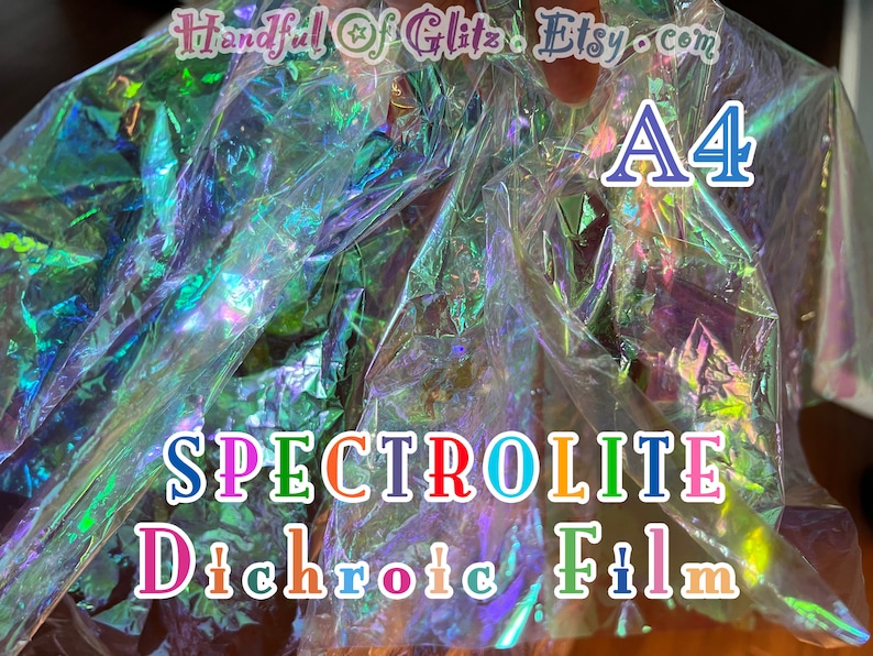 Holographic, iridescent foil set, pictured  in various angles, showing iridescence, sheen  and colour for Spectrolite mylar. Individual sheet or set of 3.