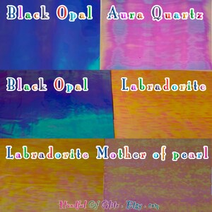 Holographic, iridescent foil set, pictured  in various angles, showing iridescence, sheen  and colour difference between several mylars. Individual sheet or set of 3.