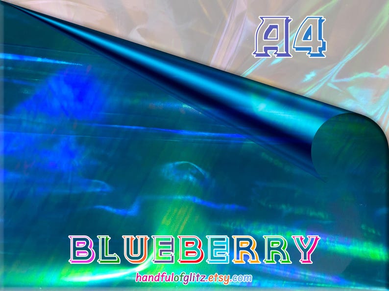 Flashy blue mylar with spectacular green and yellow reflections. Iridescent color shifting film for resin crafts, cosplay, asmr and more.