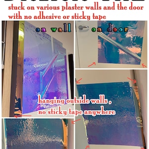 Highly electrostatic, holographic, iridescent foil set, pictured  in various angles, showing iridescence, sheen  and colour for Black Opal mylar. Shows being self-adhesive without use of glue. Individual sheet or set of 3.