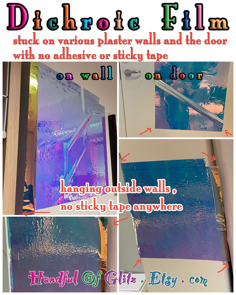 Highly electrostatic, holographic, iridescent foil set, pictured  in various angles, showing iridescence, sheen  and colour for Black Opal mylar. Shows being self-adhesive without use of glue. Individual sheet or set of 3.