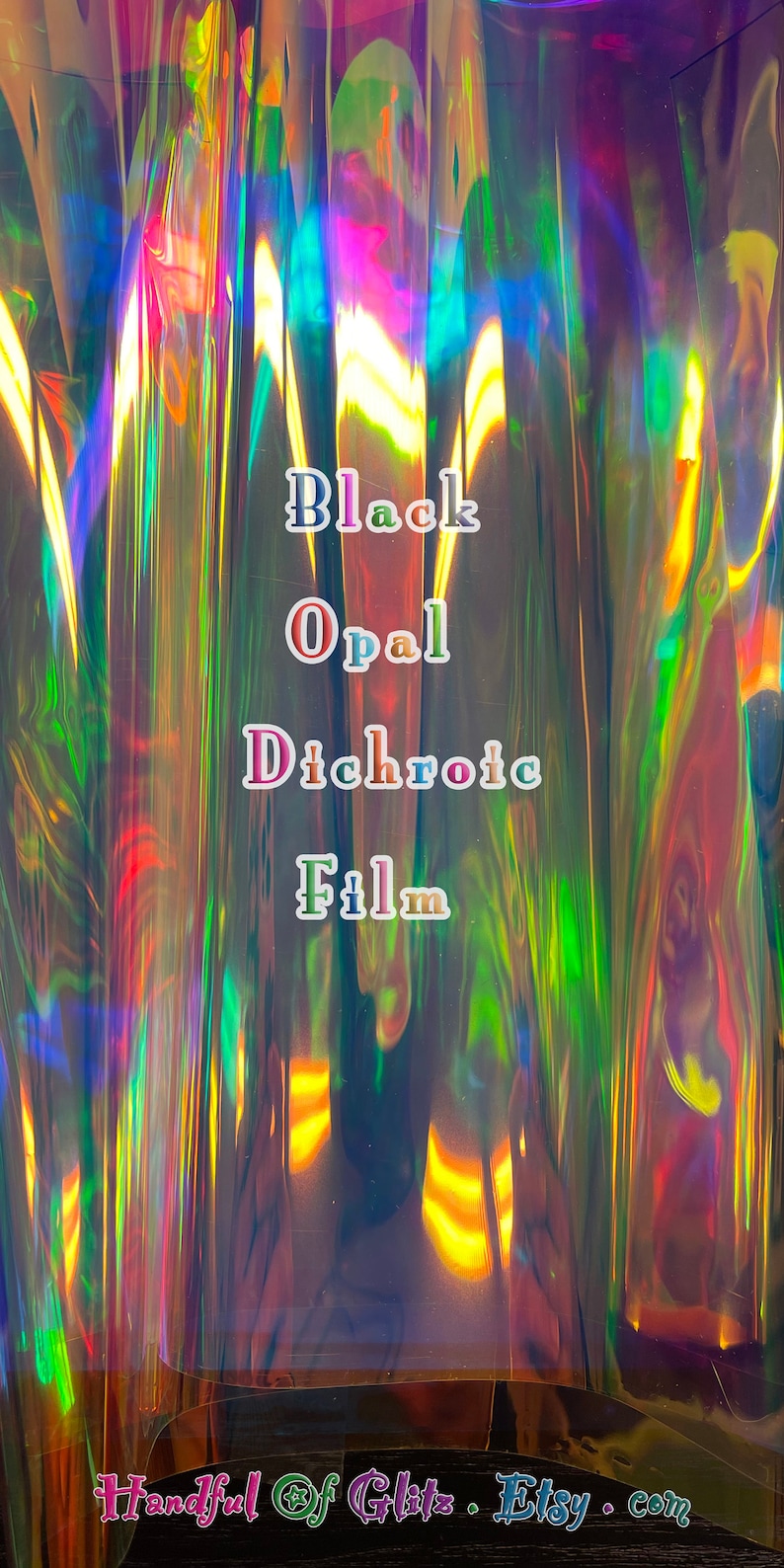 Holographic, iridescent foil set, pictured  in various angles, showing iridescence, sheen  and colour for Black Opal mylar. Individual sheet or set of 3.