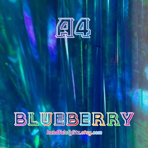 Flashy blue mylar with spectacular green and yellow reflections. Iridescent color shifting film for resin crafts, cosplay, asmr and more.