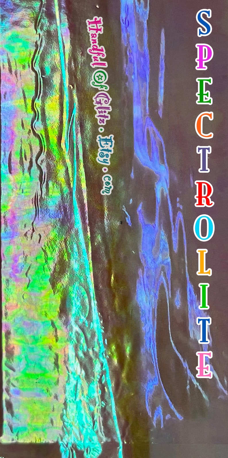 Sheet of full-spectrum cellophane film glowing with multicolor iridescence, perfect for resin dice.