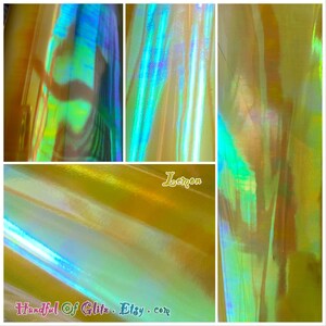 Bundle of iridescent foil set, pictured  in various angles, showing iridescence, sheen  and colour for Lemon mylar. Set of 10.