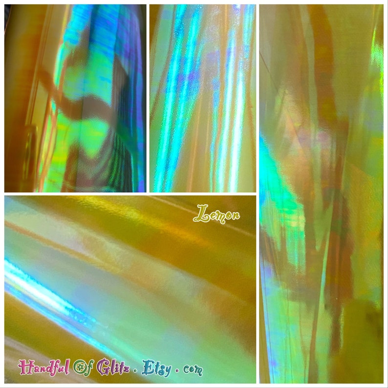Bundle of iridescent foil set, pictured  in various angles, showing iridescence, sheen  and colour for Lemon mylar. Set of 10.