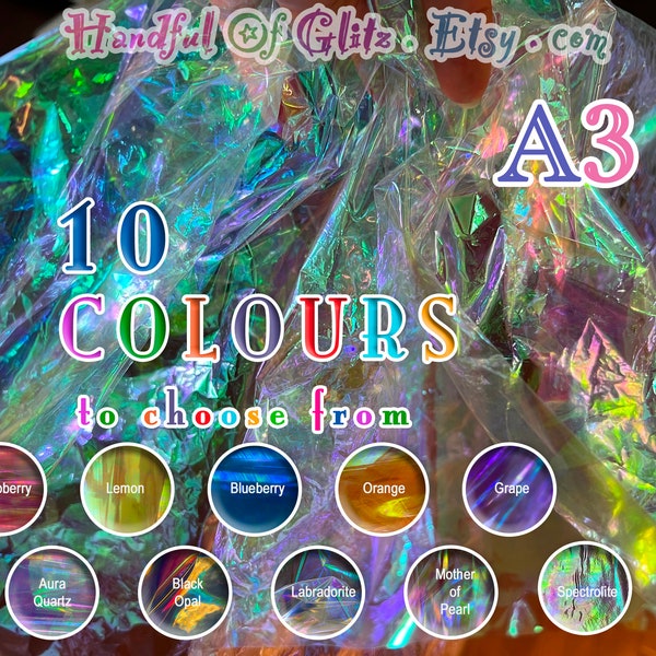 A3 size dichroic mylar sheets with holographic, iridescent sheen in 9 variations - color-changing film, color-shift cellophane, DIY resin