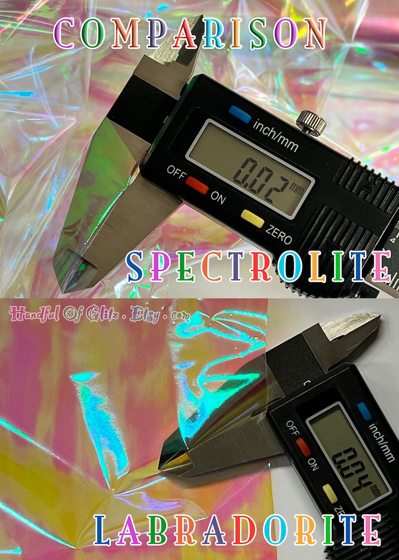 Close-up of Spectrolite-inspired foil, blazing with vivid rainbow flashes of blue, green, gold, and red.
