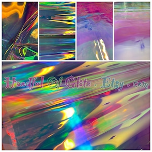 Holographic, iridescent foil set, pictured  in various angles, showing iridescence, sheen  and colour for Black Opal mylar. Individual sheet or set of 3.