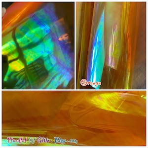 Bundle of iridescent foil set, pictured  in various angles, showing iridescence, sheen  and colour for Orange mylar. Set of 10.