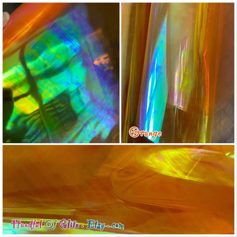 Bundle of iridescent foil set, pictured  in various angles, showing iridescence, sheen  and colour for Orange mylar. Set of 10.
