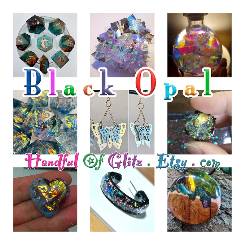 Craft projects example showing foil used in resin jewelry and in dice making, adding shimmering gemstone depth.