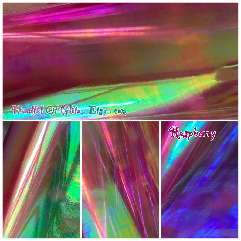 Bundle of iridescent foil set, pictured  in various angles, showing iridescence, sheen  and colour for Raspberry mylar. Set of 10.