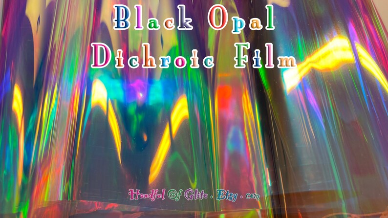 Bundle of iridescent foil set, pictured  in various angles, showing iridescence, sheen  and colour for Black Opal mylar. Set of 10.