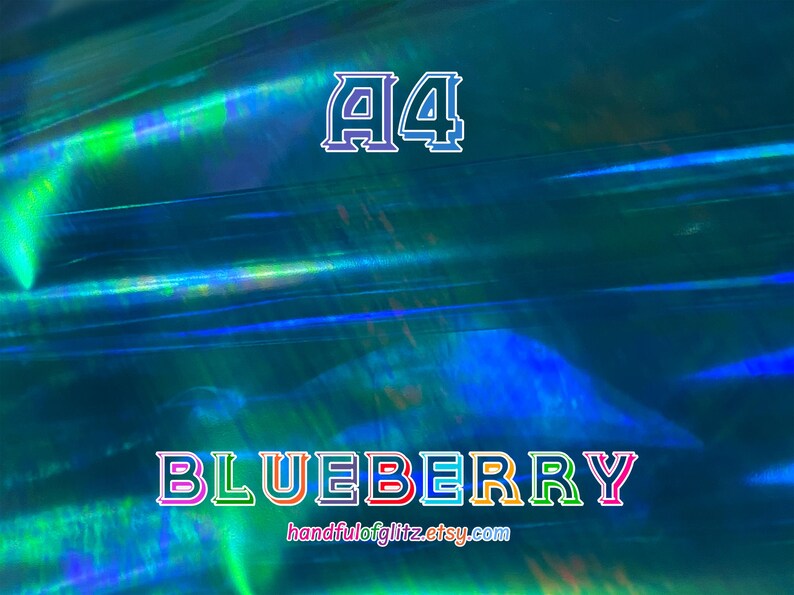 Flashy blue mylar with spectacular green and yellow reflections. Iridescent color shifting film for resin crafts and more. Blueberry dichroic film showing color-shifting light under angle.