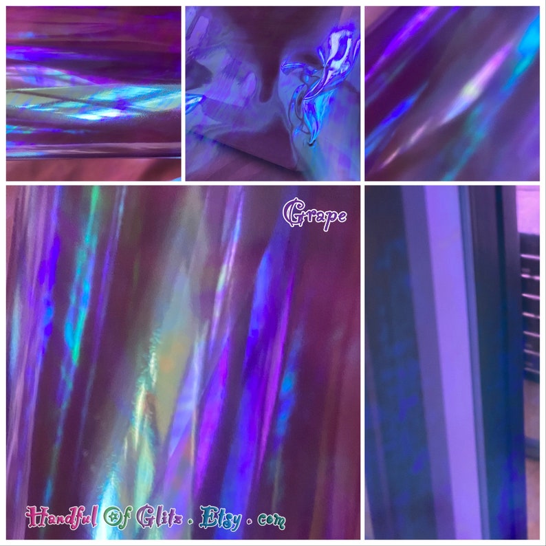 Bundle of iridescent foil set, pictured  in various angles, showing iridescence, sheen  and colour for Grape mylar. Set of 10.