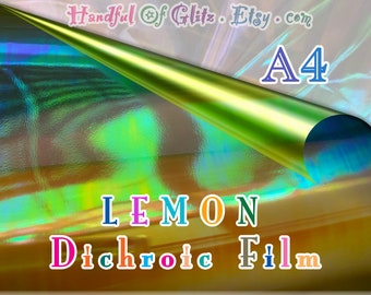 Dichroic LEMON mylar sheet with holographic, iridescent sheen - color-changing film, color-shift cellophane, DIY resin projects