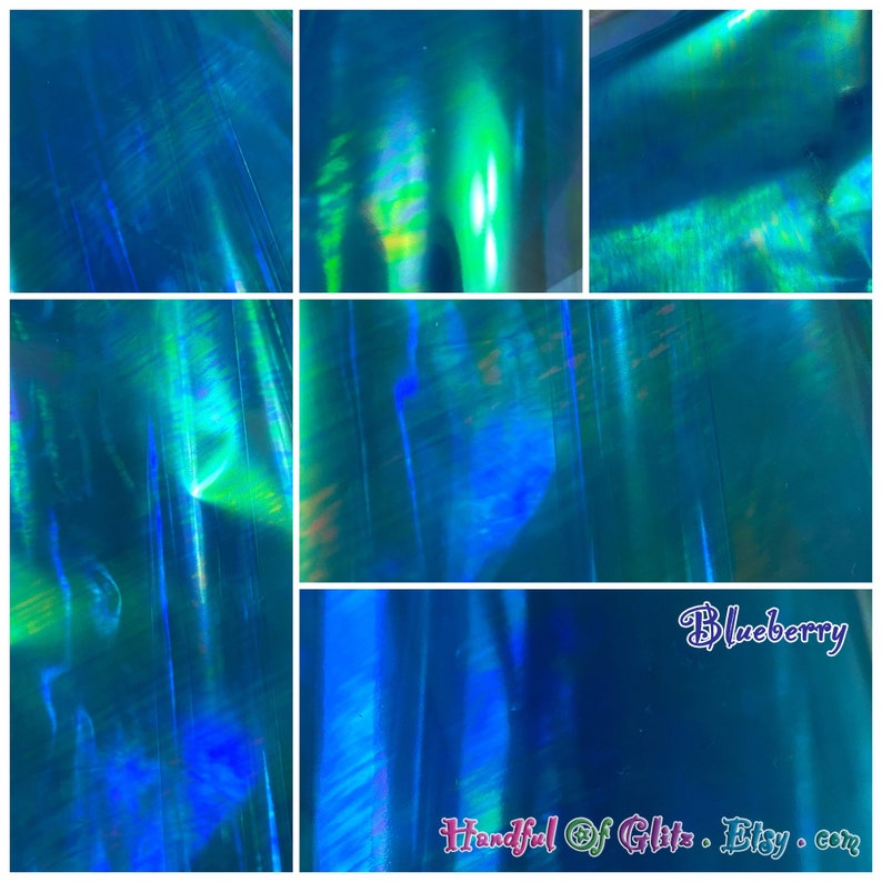 Bundle of iridescent foil set, pictured  in various angles, showing iridescence, sheen  and colour for Blueberry mylar. Set of 10.