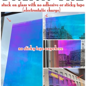 Highly electrostatic, holographic, iridescent foil set, pictured  in various angles, showing iridescence, sheen  and colour for Black Opal mylar. Shows being self-adhesive without use of glue. Individual sheet or set of 3.