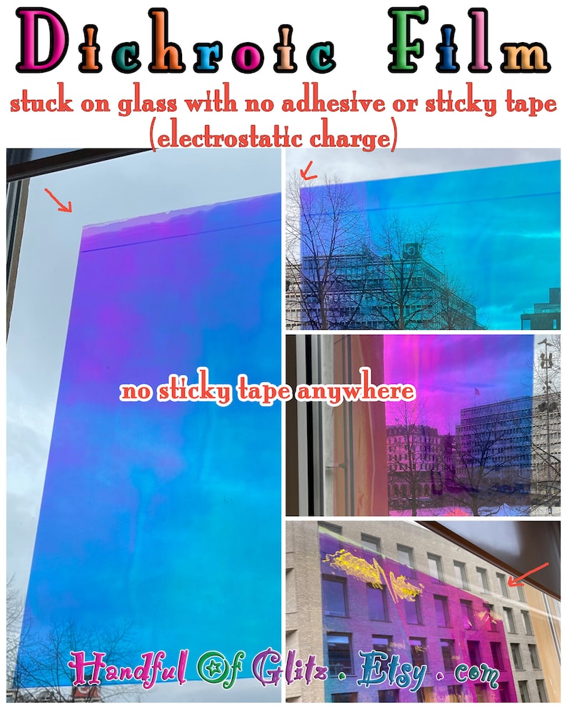 Highly electrostatic, holographic, iridescent foil set, pictured  in various angles, showing iridescence, sheen  and colour for Black Opal mylar. Shows being self-adhesive without use of glue. Individual sheet or set of 3.