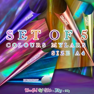 A4 Set of 5 BOLD COLOURS Dichroic Mylar: Raspberry, Lemon, Blueberry, Orange, Grape holographic, iridescent color-changing cellophane