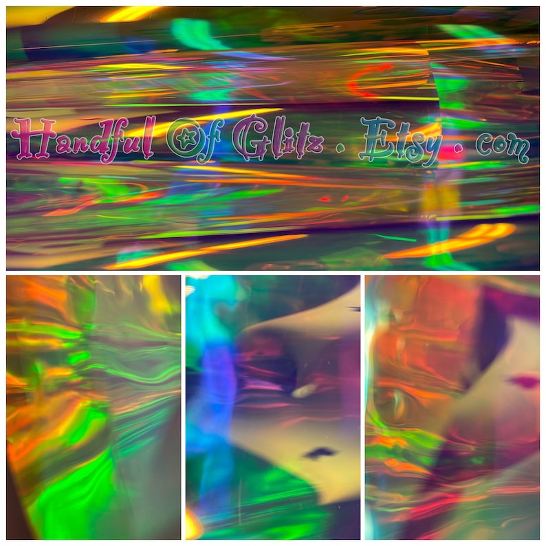 Holographic, iridescent foil set, pictured  in various angles, showing iridescence, sheen  and colour for Black Opal mylar. Individual sheet or set of 3.