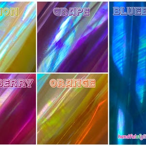 Holographic, iridescent foil set, pictured  in various angles, showing iridescence, sheen and colour shift between several mylars. Individual sheet or set of 3. Bundle of 5 also available.