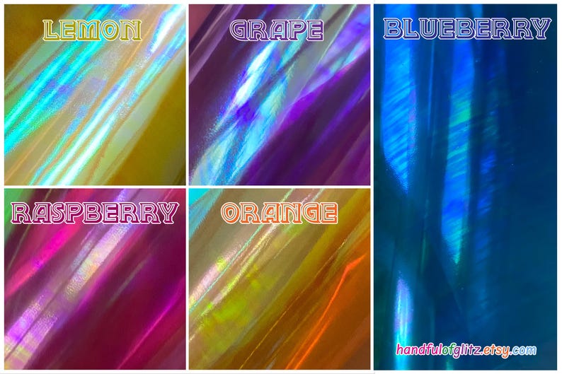 Holographic, iridescent foil set, pictured  in various angles, showing iridescence, sheen and colour shift between several mylars. Individual sheet or set of 3. Bundle of 5 also available.