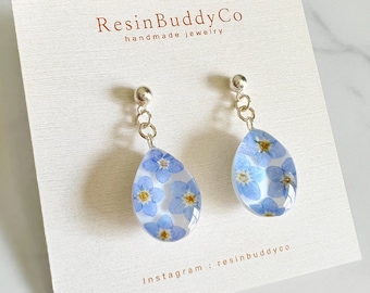 Forget me not earrings, Real flower jewelry, blue flower earrings