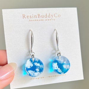 Blue sky cloud earring, White fluffy cloud earrings, gift for her