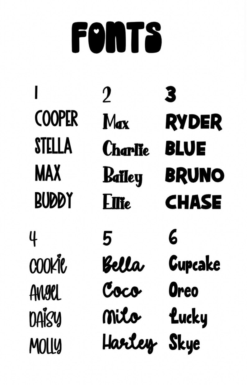 Op de afbeelding: Een grafiek met zes verschillende lettertypen, elk met een nummer en een lijst met namen. De lettertypen zijn allemaal in zwart en wit.
