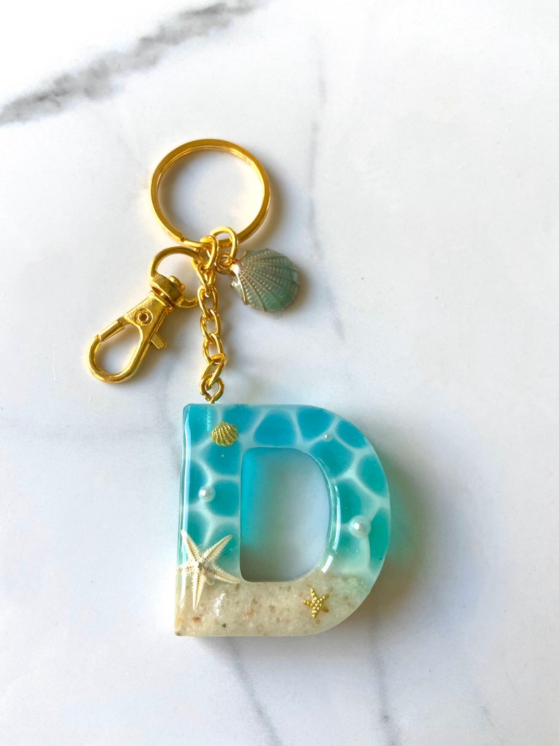 Beach letter keychain ocean resin handmade gift initial Etsy