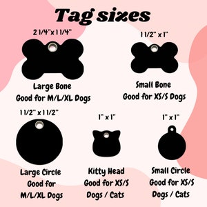 Op de afbeelding: Een grafiek met verschillende maten en vormen van huisdier-ID-tags. De tags zijn in de vorm van een bot, een cirkel en een kattenkop. De grafiek bevat de afmetingen van elke tag in inches en geeft aan welke maat het beste is voor verschillende honden- en kattenrassen.
