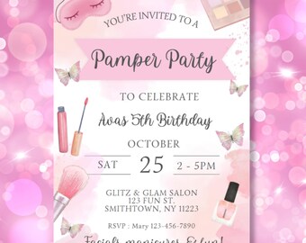 Pamper Party Invitation Girls Birthday Invitation Spa Day Salon Party Invitation Digital Download Light Pink Blush Invitation