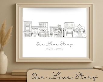 Regalo personalizado de San Valentín para ella, mapa de historia familiar, paisaje urbano, cronología de historia de amor personalizada, regalo de aniversario, regalo de boda, regalo para esposo y esposa.