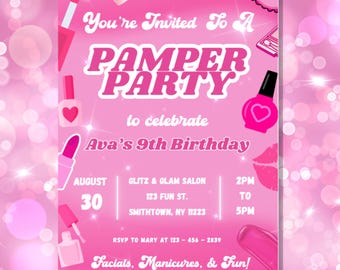 Neon Pink Girls Birthday Party Invitation Pamper Party Invitation Spa Day Spa Party Neon Glow Instant Download Editable Invitation