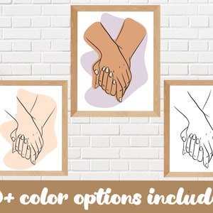 May include: Three framed illustrations of two hands clasped together. The top illustration features a purple background with brown hands. The middle illustration features a peach background with light brown hands. The bottom illustration features a white background with black hands.