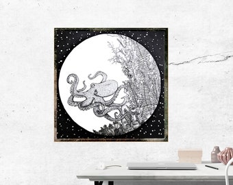 Decoración del hogar de la casa de playa Arte de pared de pulpo Descarga digital Imprimible Galería de pared del océano Pulpo Descarga instantánea Regalo para ella Arte de pared de playa