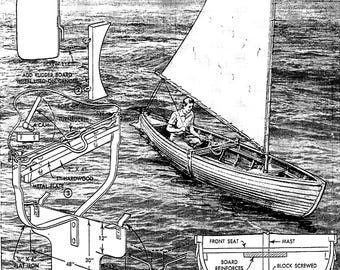 May include: Black and white illustration of a sailboat with detailed diagrams and measurements. The image includes a person in the boat and text that reads "How build your sailing boat right".