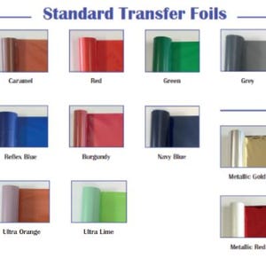 Puede incluir: Un gr&aacute;fico que muestra diferentes colores de l&aacute;minas de transferencia est&aacute;ndar y met&aacute;licas. Los colores est&aacute;ndar incluyen oro mate claro, plata mate, blanco, caramelo, rojo, verde, gris, magenta, oro antiguo y negro. Los colores met&aacute;licos incluyen oro, plata, oro rosa, azul y rojo.