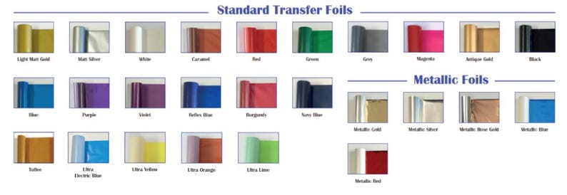 Puede incluir: Un gr&aacute;fico que muestra diferentes colores de l&aacute;minas de transferencia est&aacute;ndar y met&aacute;licas. Los colores est&aacute;ndar incluyen oro mate claro, plata mate, blanco, caramelo, rojo, verde, gris, magenta, oro antiguo y negro. Los colores met&aacute;licos incluyen oro, plata, oro rosa, azul y rojo.