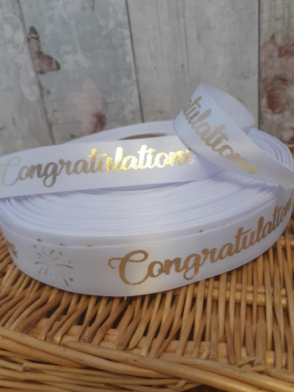 5m CONGRATULATIONS GIFT RIBBON | White Printed Satin Ribbon for Gift ...