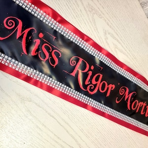 personalised printed satin ribbon sash with diamante effect trim, pageant, prom, competition, promotion, hen party, birthday, fancy dress, dance
