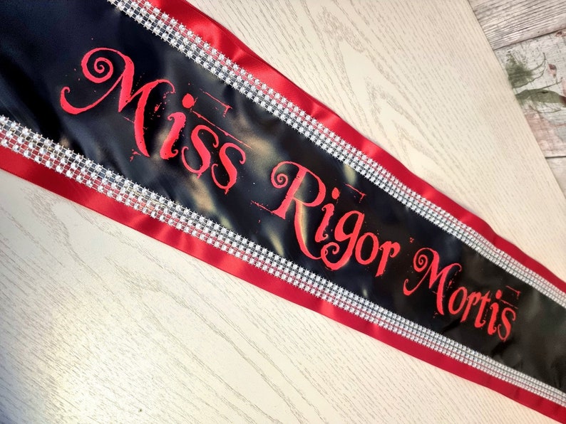 personalised printed satin ribbon sash with diamante effect trim, pageant, prom, competition, promotion, hen party, birthday, fancy dress, dance