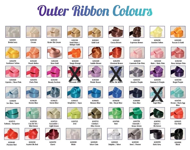 Puede incluir: Una tabla de colores de cinta con n&uacute;meros y nombres correspondientes. Los colores de cinta incluyen marfil, crema, dorado, marr&oacute;n, rosa, morado, azul, verde, rojo, blanco, plateado y negro.