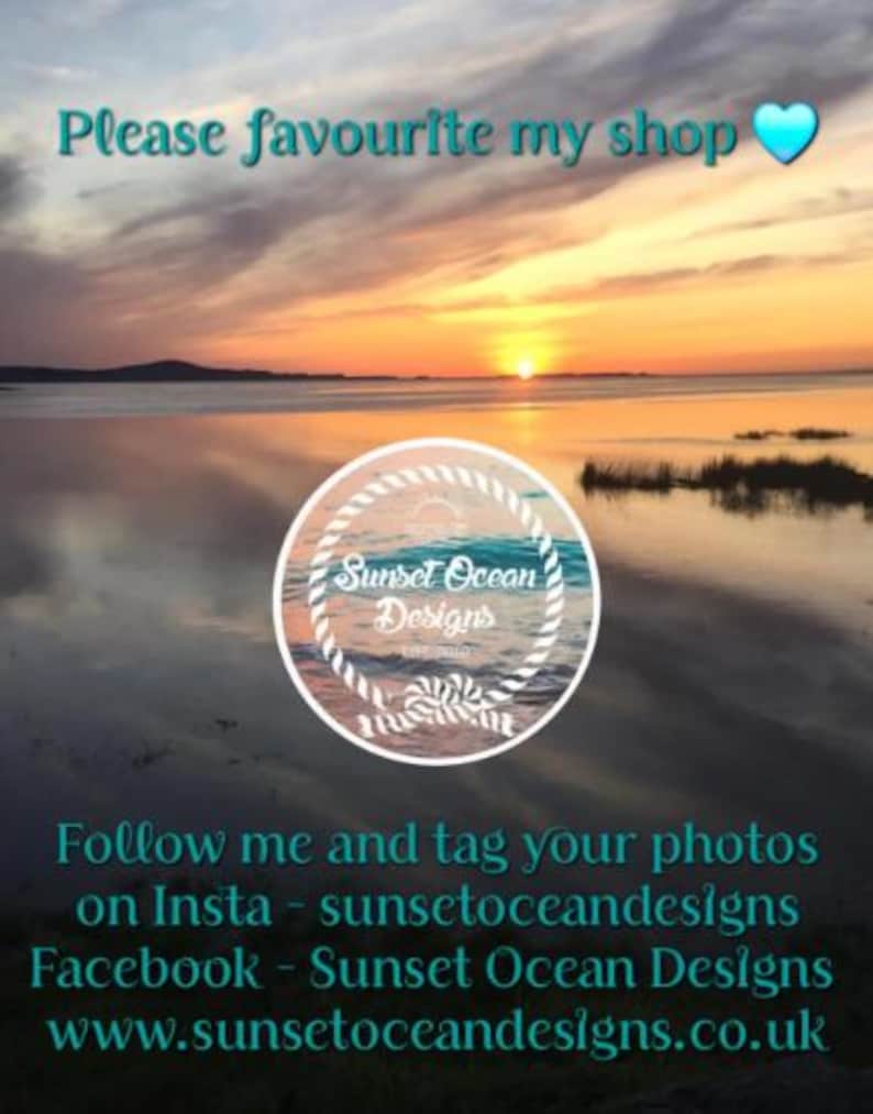 May include: A digital graphic featuring a sunset over a calm body of water. The text reads: Please favourite my shop, Sunset Ocean Designs, Follow me and tag your photos on Insta - sunsetoceandesigns, Facebook - Sunset Ocean Designs, www.sunsetoceandesigns.co.uk.