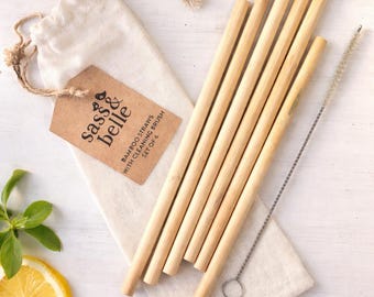 REUSABLE BAMBOO STRAWS x6 with Cotton Bag & Cleaning Brush | Plastic Free | Eco Friendly | Smoothie, Cocktail Drinks | Party | Kitchenware